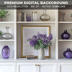 May include: A white bookcase with multiple shelves filled with books, vases, and plants. The shelves are decorated with various items, including a framed picture, a vase of purple flowers, and a collection of books. The bookcase is a great example of a stylish and functional piece of furniture.