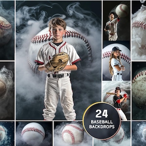 May include: A collection of 24 baseball backdrops featuring various compositions of baseballs and players in white uniforms with red stitching, all surrounded by swirling white smoke effects against dark backgrounds, including text reading 24 BASEBALL BACKDROPS.