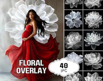 Nakładka z białym kwiatem do Photoshopa dla kobiet w ciąży, nakładka z teksturami kwiatowymi, nakładka do fotografii, cyfrowe tło kwiatowe dla kobiet w ciąży