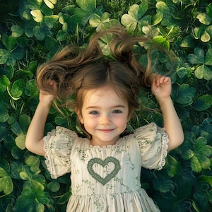 May include: A young girl with long brown hair lies in a bed of green clover. She wears a cream-colored dress with a green heart-shaped design on the front. The dress has short sleeves and a floral pattern.