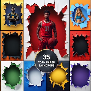 May include: A collection of 35 digital torn paper backdrops featuring various colors and textures. The central graphic displays a basketball player in a red jersey with the text 35 TORN PAPER BACKDROPS, surrounded by multiple frames with jagged edges.