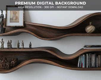 May include: Two wooden shelves with a wavy design, mounted on a white wall. The top shelf has a small statue, a framed picture, and two decorative vases. The bottom shelf has a group of small statues and a stack of books.