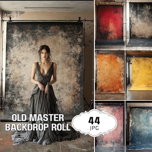 May include: A woman in a gray dress stands in front of a backdrop with a distressed, textured look. The backdrop is labeled "Old Master Backdrop Roll" and "44 JPG".