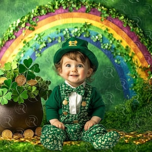 May include: A baby dressed in a green leprechaun outfit, including a hat and overalls, sits in front of a pot of gold and a rainbow. The scene is set in a lush green environment, evoking a St. Patrick's Day theme.