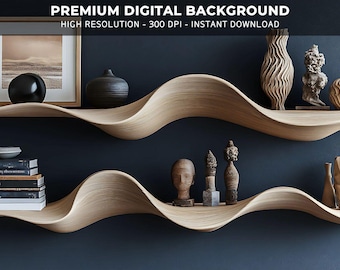 May include: Two wooden shelves with a wavy design are mounted on a dark blue wall. The shelves are decorated with various objects, including books, vases, and sculptures. The shelves are made of light wood and have a natural finish.