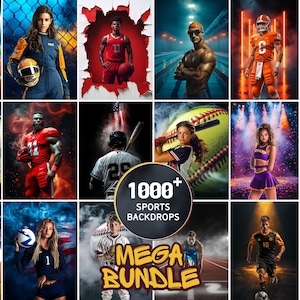 May include: A digital collection of 1000+ sports backdrops featuring various athletes in diverse settings including football, baseball, swimming, and track. The central graphic displays the text 1000+ SPORTS BACKDROPS MEGA BUNDLE.