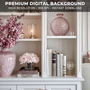 May include: A white bookshelf with decorative items. A large pink vase holds pink flowering branches. Other items include a glass candle holder, books, a pink textured vase, and a small bouquet of pink roses. The text at the top says "PREMIUM DIGITAL BACKGROUND".