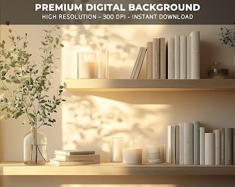 May include: A white shelf with books, candles, and a vase of greenery. The shelf is illuminated by sunlight streaming through a window, casting shadows on the wall.