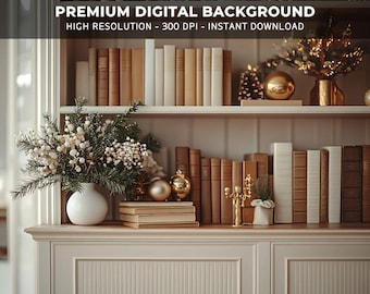 May include: A white bookshelf filled with books, decorative items, and floral arrangements. The top shelf displays books, a gold ornament, and a vase with flowers. The bottom shelf has more books, a white vase with greenery, and a stack of books.