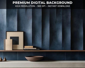 May include: A dark blue tiled wall with a wooden shelf. The shelf has a brown bowl, a stack of books, a book, and a framed picture on it. There are three small, decorative objects on the shelf.