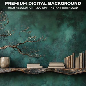 May include: A teal green wall with a wooden shelf holding a collection of books, two vases, and a dried branch with white blossoms. The shelf is made of rustic, weathered wood.