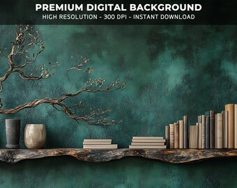May include: A teal green wall with a wooden shelf holding a collection of books, two vases, and a dried branch with white blossoms.  The shelf is made of a rustic, weathered wood.