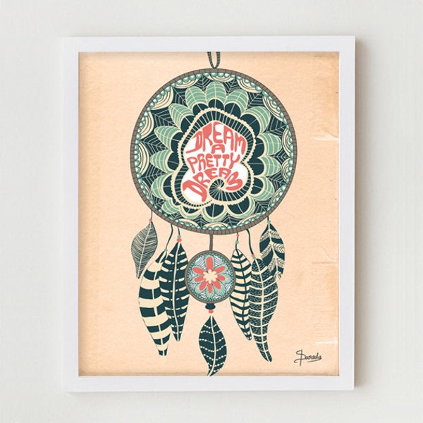 Illustration of Dream Catcher, Dream Catcher Illustration, Original Drawing of Dreamcatcher, Tribal Drawing for Girl's Bedroom