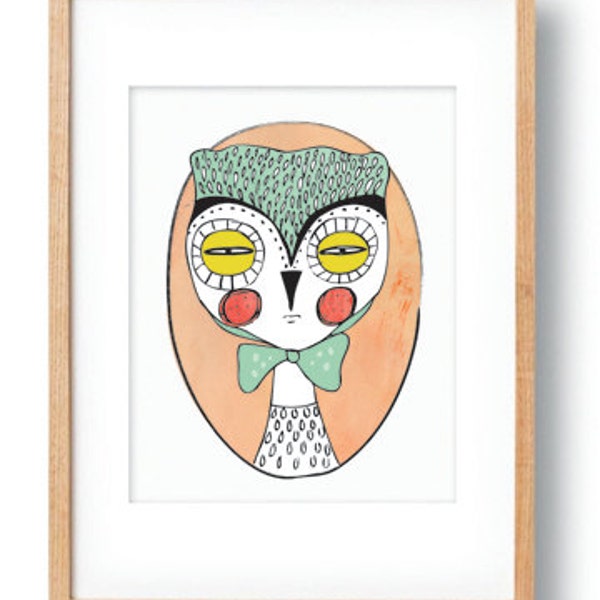 Owl Illustration Portrait Illustration Whimsical Digital Owl Theme Bedroom Decor Wall Art Portrait Children's Owl Wall Decor Art Print