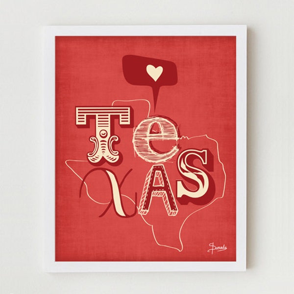 Texas Print Art Wall Hanging "I Heart Texas"  Map Print Wall Decor, State of Texas Wall Hanging in Red, Blue or Yellow