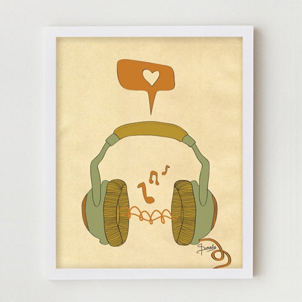 Music Art Print, Digital Print Wall Decor, "MUSIC" Giclee Print Artwork, Music Love Giclee Print, Retro Music Headphones Giclee Print