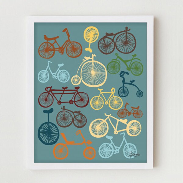 Bicycles Print Art, Digital Print, Blue Wall Decor, Digital Illustration, Modern Art Bike Poster, Vintage Bike Antique Bicycles
