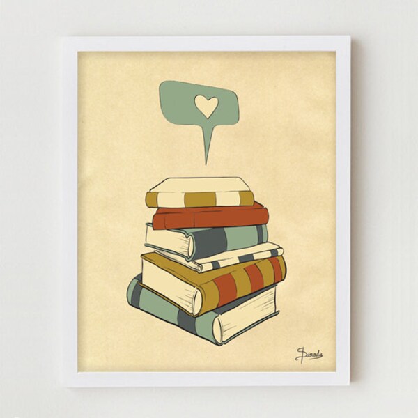 Book Print Art, 11x14 Books Poster Wall Decor, Book Reading Print Art, Reading Books Giclee Print, Reading Books Poster, Books Illustration