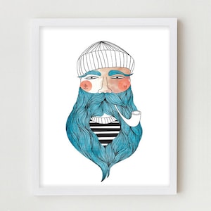 Sailor Illustration Giclee Print Fisherman Portrait Drawing Sailor Beard Poster Fishermen Wall Art Decor Portrait Drawing Bedroom Wall Decor