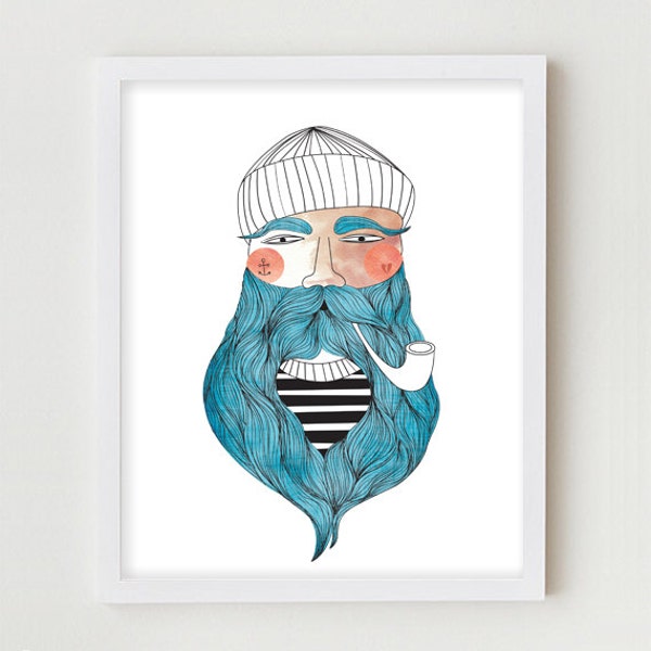 Sailor Illustration Giclee Print Fisherman Portrait Drawing Sailor Beard Poster Fishermen Wall Art Decor Portrait Drawing Bedroom Wall Decor