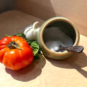 May include: A round, speckled sage green ceramic salt cellar with a textured rim, containing white salt and a small dark brown wooden spoon. Beside the cellar sits a bright orange heirloom tomato, a head of white garlic, and green basil leaves.