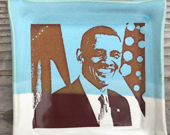 Ceramic Plate with Obama image  on turquoise and white glaze