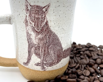 Handmade mug, stoneware cup, White Speckled Mug with Wolf