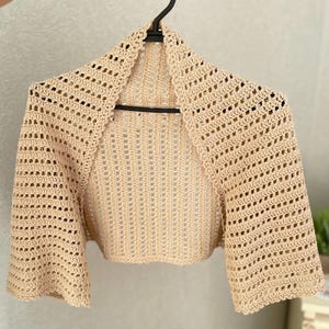 Beige Cotton Crochet Bolero Shrug for Women – Lightweight Summer Wedding Cardigan, Beach Cover-Up, Handmade Lace Shrug, Boho Bridal Outfit