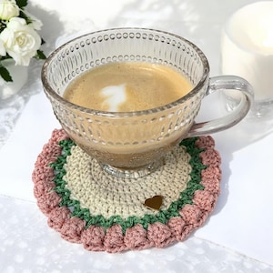 blush tulip coaster, crochet coasters, flower coasters, tea coaster, crochet coaster set, round coaster, boho coaster, daisy crochet coaster