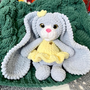 Crochet Bunny Plush: Soft Blue Rabbit Toy with Yellow Dress