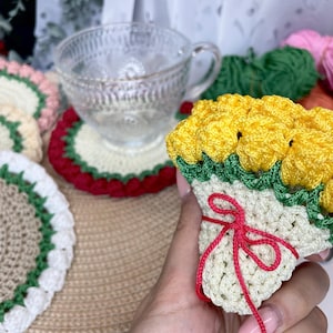 2in1 crochet tulip coaster, flower coaster set, multifunctional placemat, crochet table decor, unique handmade gift, floral crochet coaster