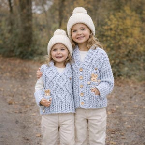 Toddler Knit Cardigan Set, Plush Baby Vest with Bunny Pocket, Handmade Kids Sweater 6M–8Y, Soft Warm Gift Outfit