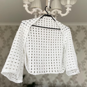 White Crochet Bolero Shrug: Cotton Blend Openwork Cardigan