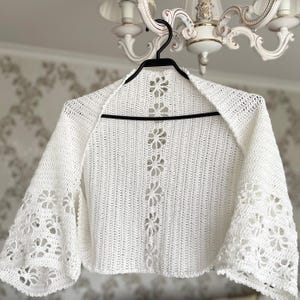 White Crochet Bridal Bolero – Handmade Wedding Shrug, Short Sleeve Lace Cover Up, Boho Bride Jacket, Summer Cardigan XS–XXL