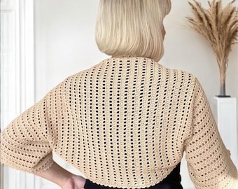Bolero de algodón a crochet, chaqueta de encaje para novias, cárdigan de punto de verano, bolero de boda con frente abierto, top ligero estilo boho.