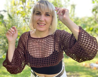 Crochet Mesh Shrug, Y2K Festival Bolero, Open Knit Long Sleeve Crop Top