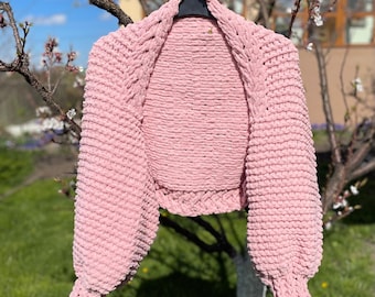 Rosa Strick-Shrug XS-M, kurzer Bolero-Cardigan, weicher grobstrick, Ballon-Ärmel-Top, feminines Must-Have-Layer