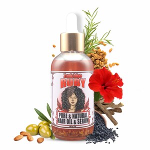 May include: A clear glass bottle with a gold lid and dropper, labeled "Zanichiego Ruby Pure & Natural Hair Oil & Serum 120 ml / 4 fl oz". The bottle is surrounded by various natural ingredients, including almonds, olives, rosemary, hibiscus flowers, fenugreek seeds, licorice root, and black sesame seeds.