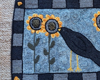 Vintage Handmade Primitive Hooked Wool Rug with Sunflowers and Crow