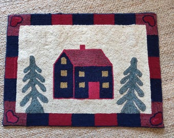 Vintage Hand Hooked Wool Rug with Cottage
