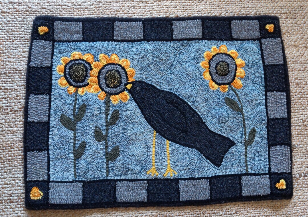 Vintage Handmade Primitive Hooked Wool Rug With Sunflowers and Crow - Etsy