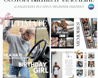 Sjabloon verjaardagstijdschrift, gepersonaliseerd verjaardagscadeau, bewerkbaar Canva Magazine, geheugenboeksjabloon, digitale download