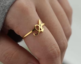 Personalized Initial Letter Ring | A-Z Adjustable Gold Ring for Women | Stainless Steel Aesthetic Jewelry Gift