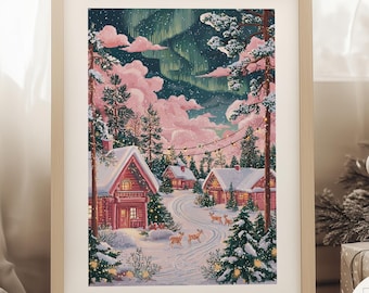 Santa Claus Village Finland Poster, Cozy Winter Cabin Print, Christmas Wall Art, Lapland Aurora Borealis Painting, Scandinavian Winter Decor