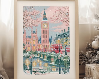 May include: A framed art print depicting a winter scene in London, featuring Big Ben and a red double-decker bus. The artwork has a soft color palette with pink, blue, and green hues, and is set against a snowy backdrop.