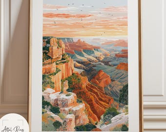 May include: Framed art print depicting the Grand Canyon at sunset. The artwork features layers of red and orange rock formations, with a soft pink and blue sky. Birds are silhouetted against the sky. The print is in a wooden frame.