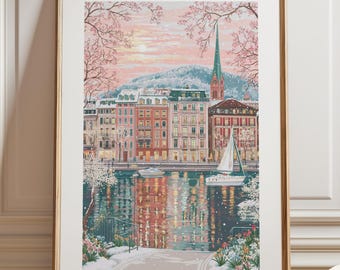 Zurich Switzerland Poster, Alpine Winter Wall Art, Swiss City Print, Cozy Travel Poster, European Lake Decor, Zurich Wall Art,Christmas Gift