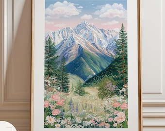 Póster del Parque Nacional de las Montañas Rocosas, arte mural de montaña alpina, impresión de la naturaleza de Colorado, ilustración de picos nevados, decoración del parque nacional