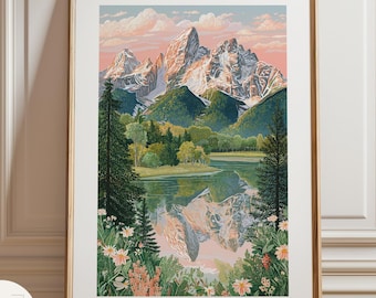 Póster de viaje al Parque Nacional Grand Teton, arte mural de un lago de montaña, ilustración de Wyoming, impresión de naturaleza alpina, decoración rústica, impresión de un parque nacional