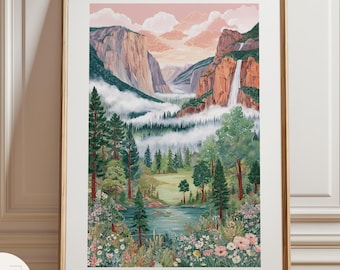 Impresión de arte mural del Parque Nacional de Yosemite, ilustración de paisaje de montaña, póster de naturaleza de California, arte de viaje vintage, impresión del Parque Nacional
